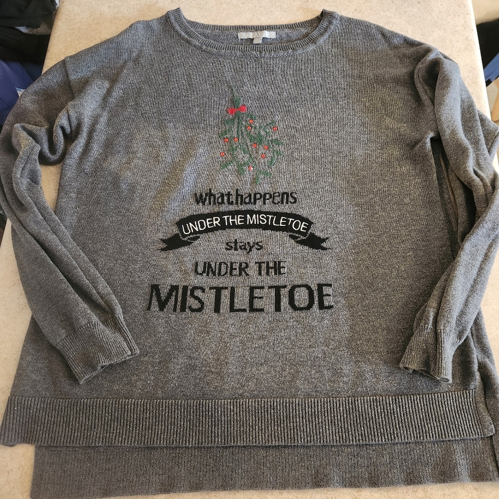 Women's Bedazzled Gray Holiday Sweater with Mistletoe Design By Heart-N-Crush